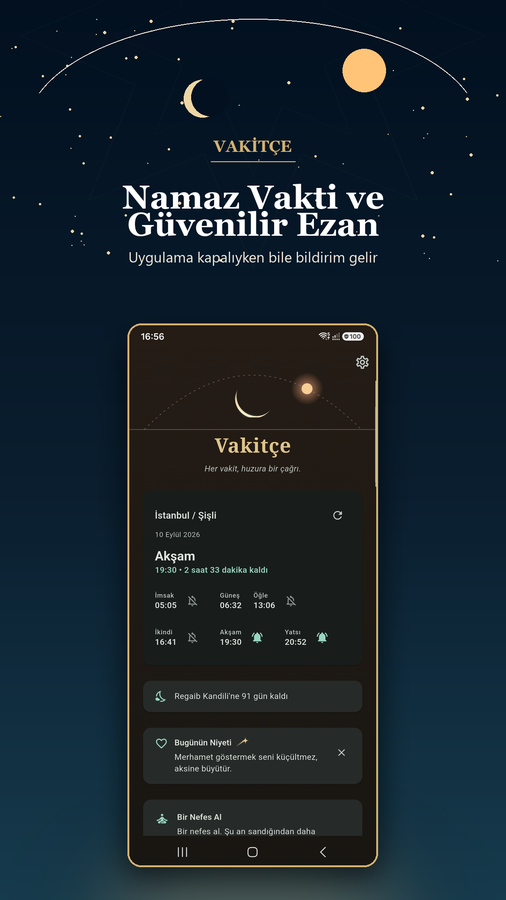 Vakitçe uygulama ekran görüntüsü — ana ekran ve Fatiha suresi